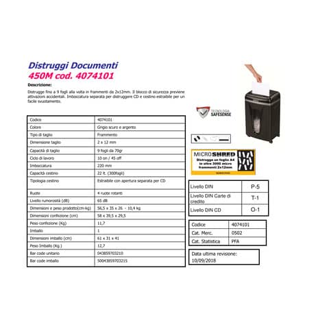 Distruggidocumenti uso moderato FELLOWES Powershred® 450M P-5 - 22 L - taglio a microframmenti 2x12 mm - 4074101